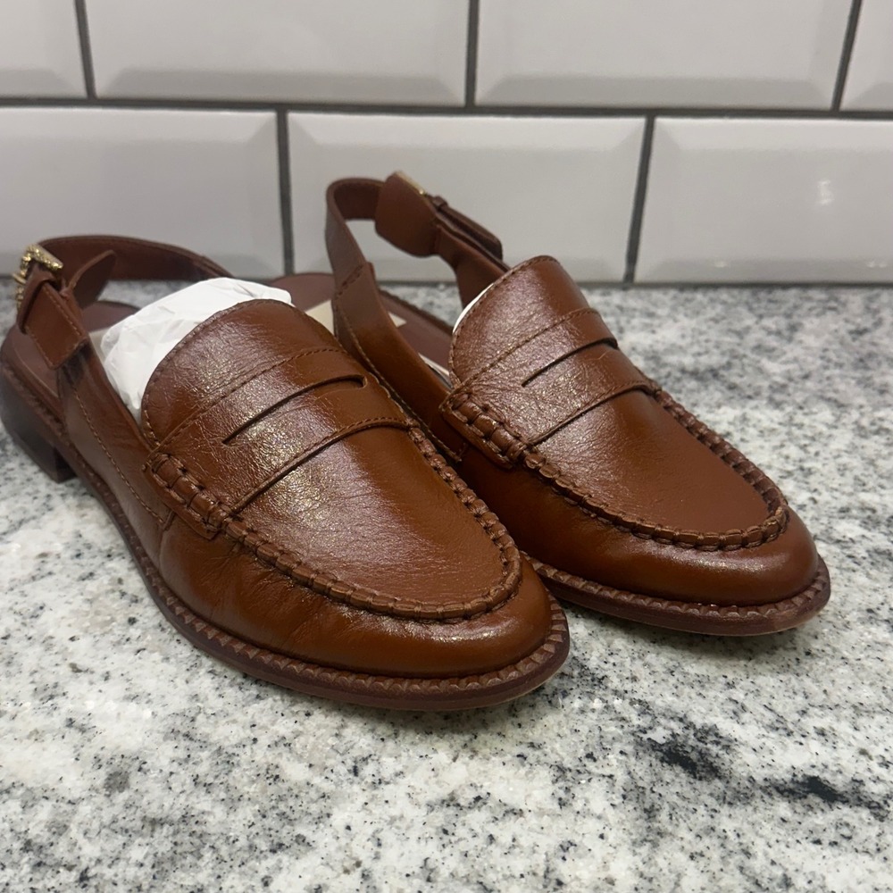 Dolce Vita Womens 6 Slingback Loafers Cognac Leather Buckle Preppy Dark Academia